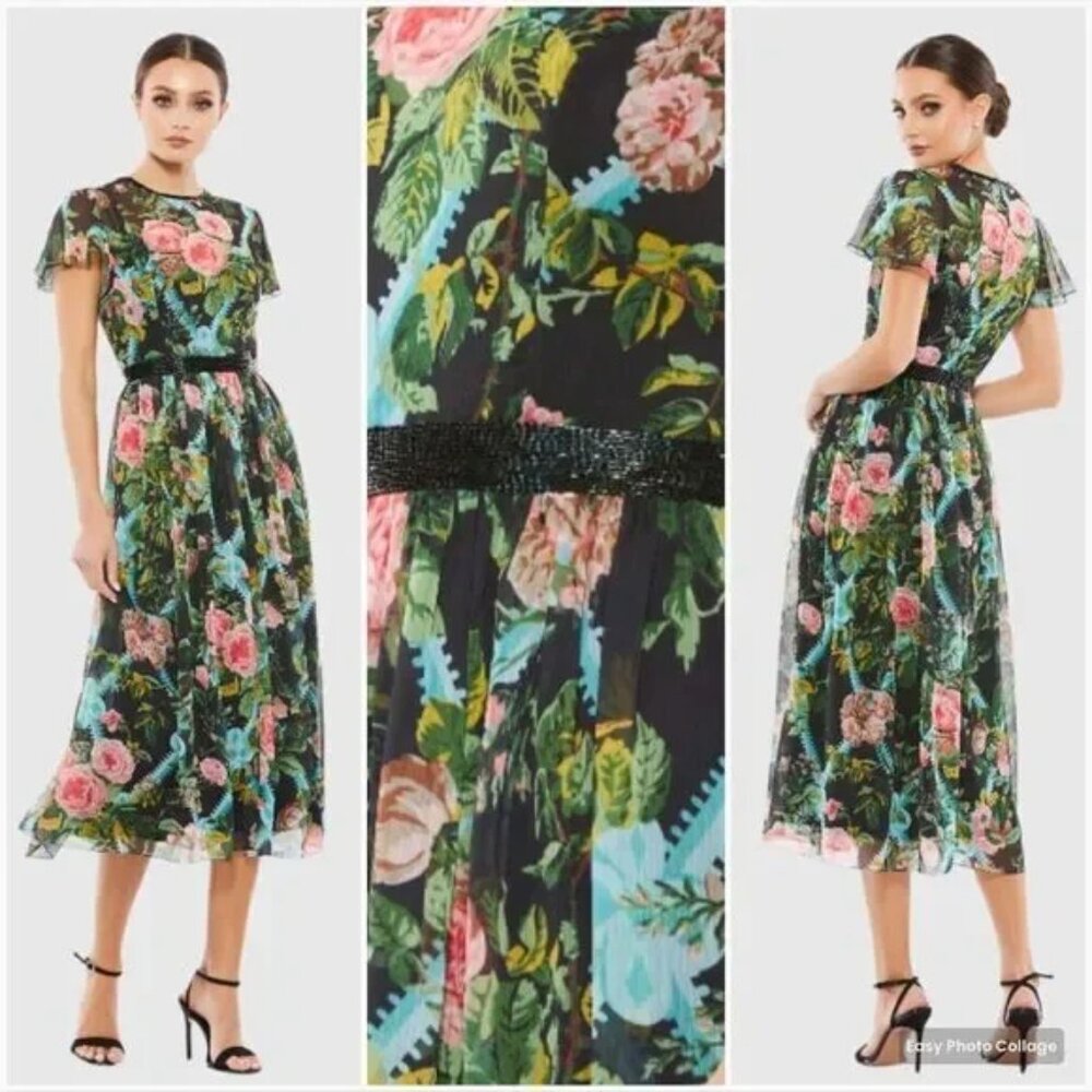 NWT Mac Duggal Floral Midi Dress with Sheer Overlay Style 9149 Size 18 - Picture 2 of 8